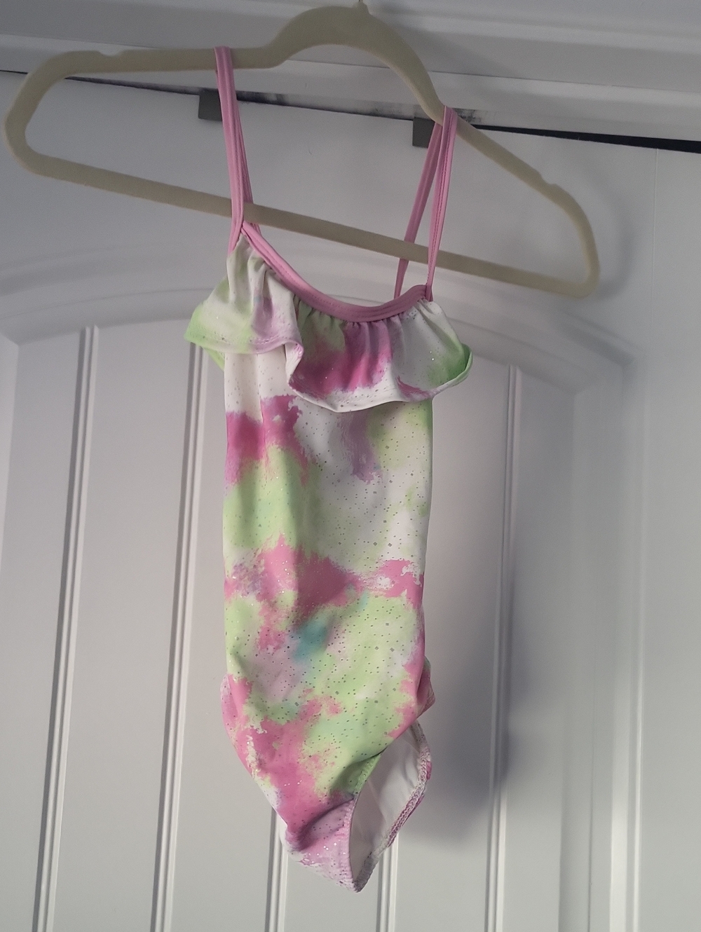 Girls Pink & Light Green Tie-Dye Ruffle One-Piece Swimsuit
